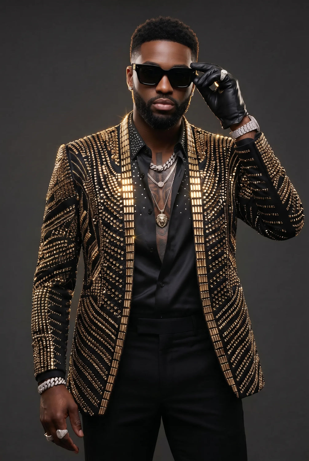 Gilded Pharaoh obsidian black and gold imperial crystal dinner jacket, product view 4