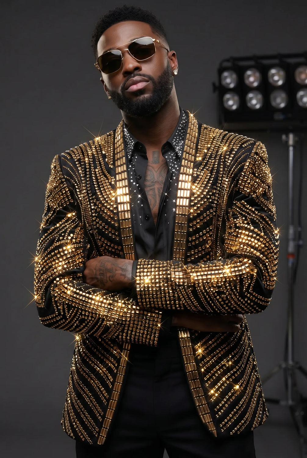 Gilded Pharaoh obsidian black and gold imperial crystal dinner jacket, product view 3
