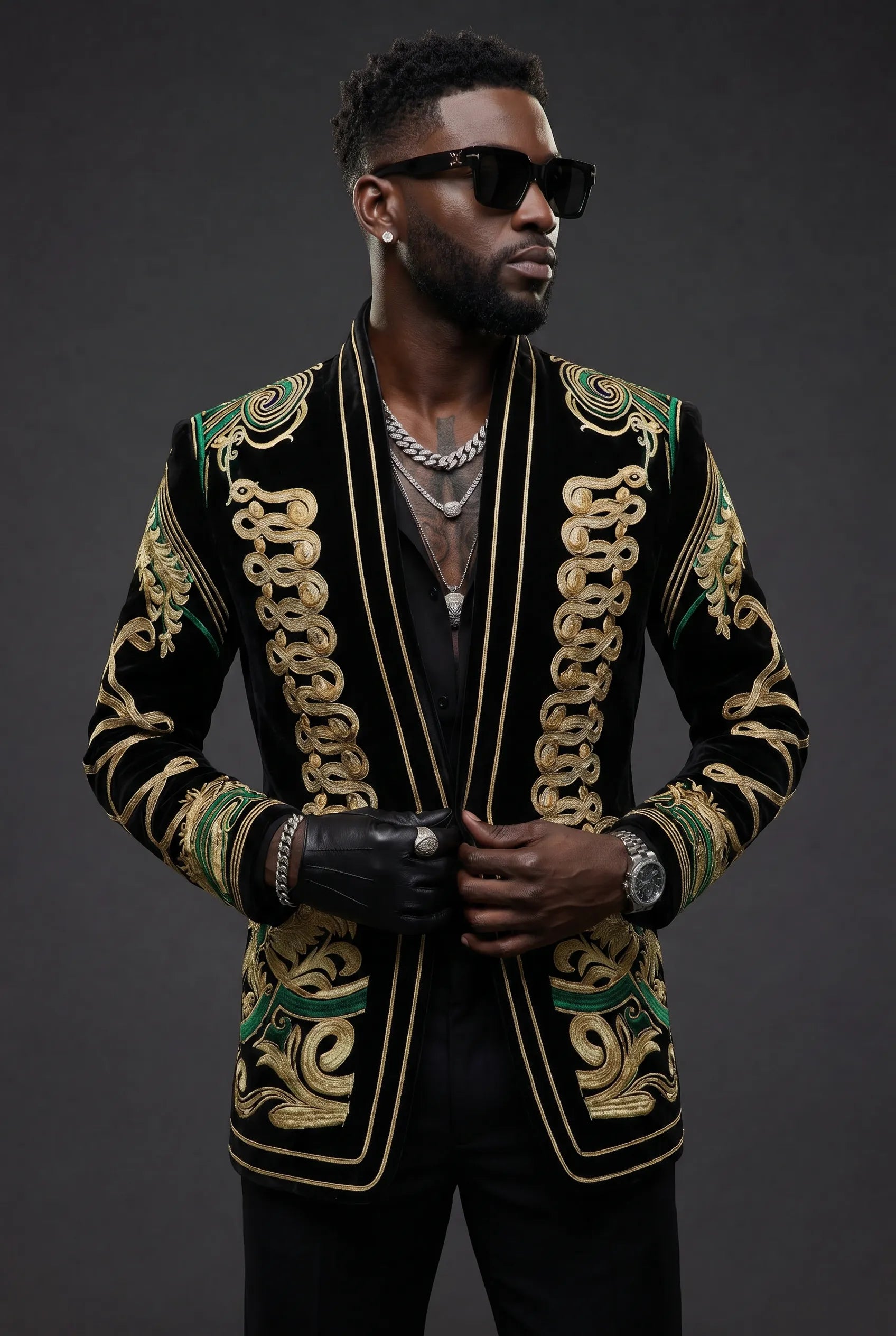 Jadeite Insignia - Green Scroll Embroidered Velvet Jacket