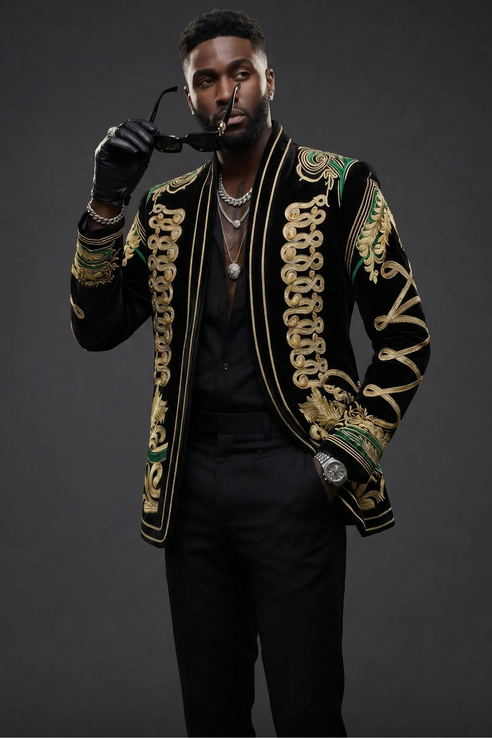 Jadeite Insignia - Green Scroll Embroidered Velvet Jacket