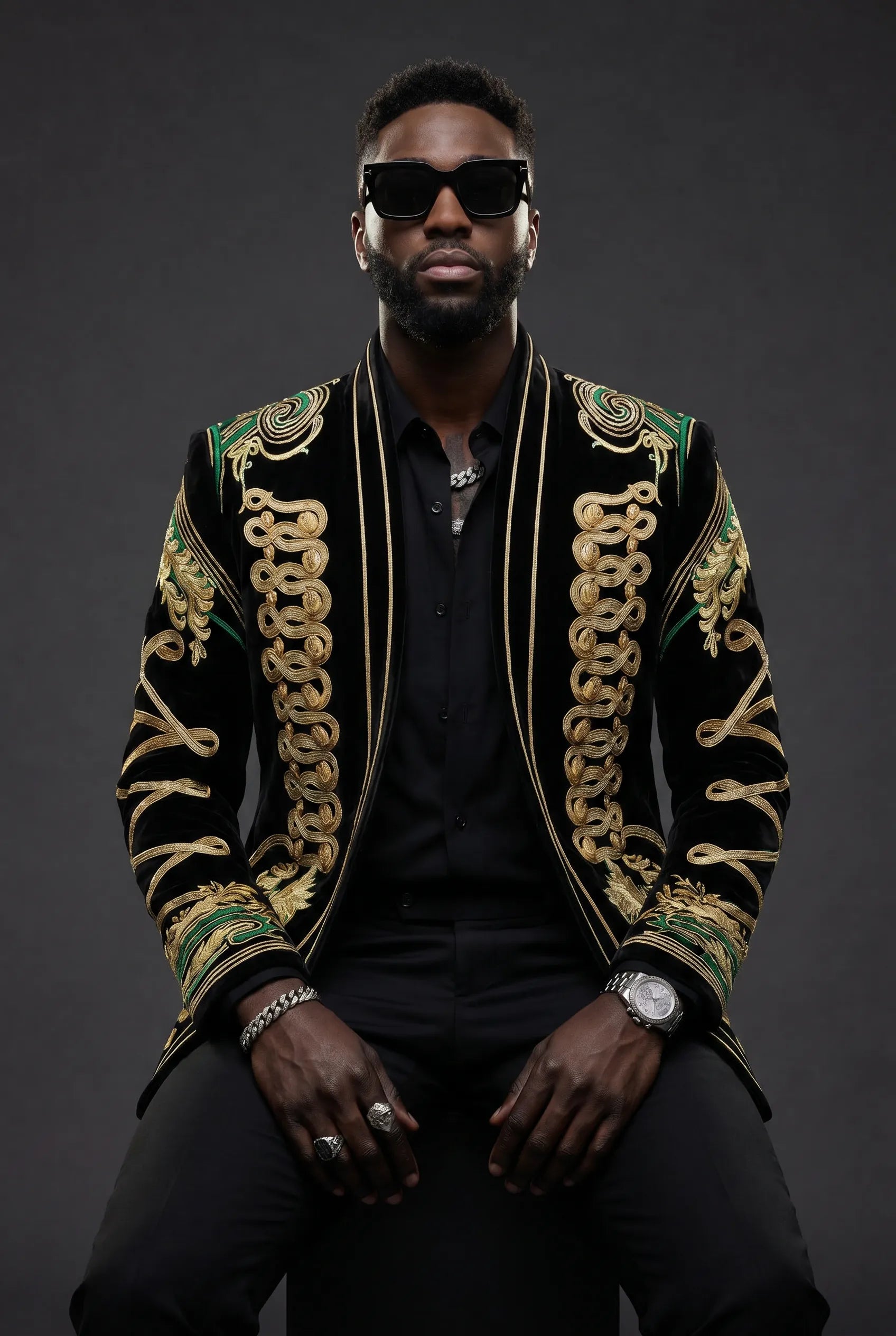 Jadeite Insignia - Green Scroll Embroidered Velvet Jacket