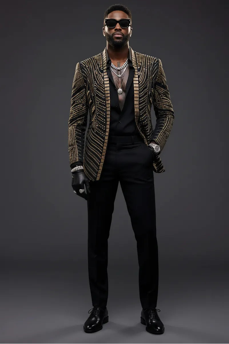 Gilded Pharaoh obsidian black and gold imperial crystal dinner jacket, product view 5