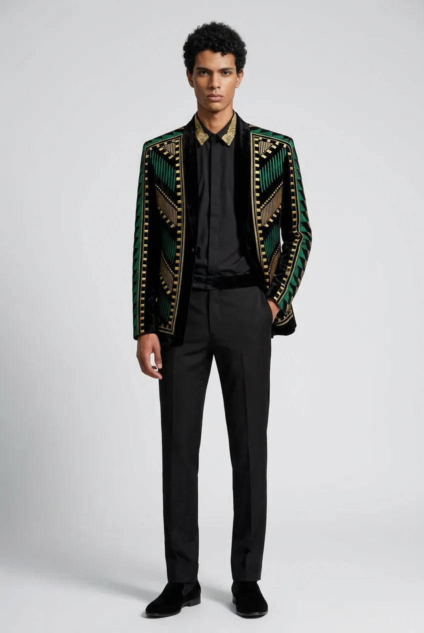 Malachite Insignia - Green Geometric Velvet Statement Jacket