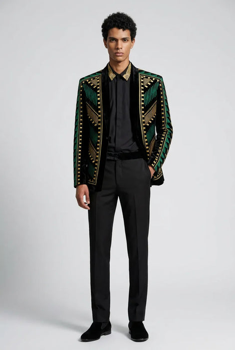 Malachite Insignia - Green Geometric Velvet Statement Jacket