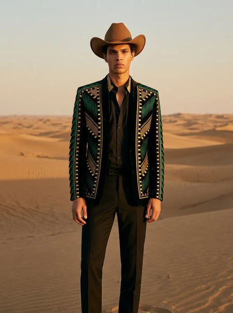 Malachite Insignia - Green Geometric Velvet Statement Jacket