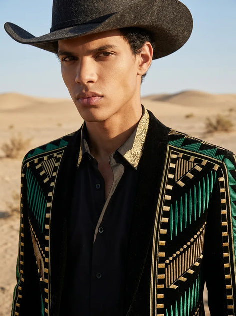 Malachite Insignia - Green Geometric Velvet Statement Jacket