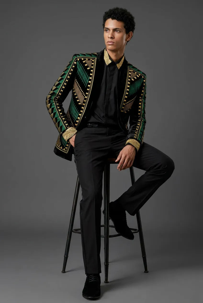 Malachite Insignia - Green Geometric Velvet Statement Jacket