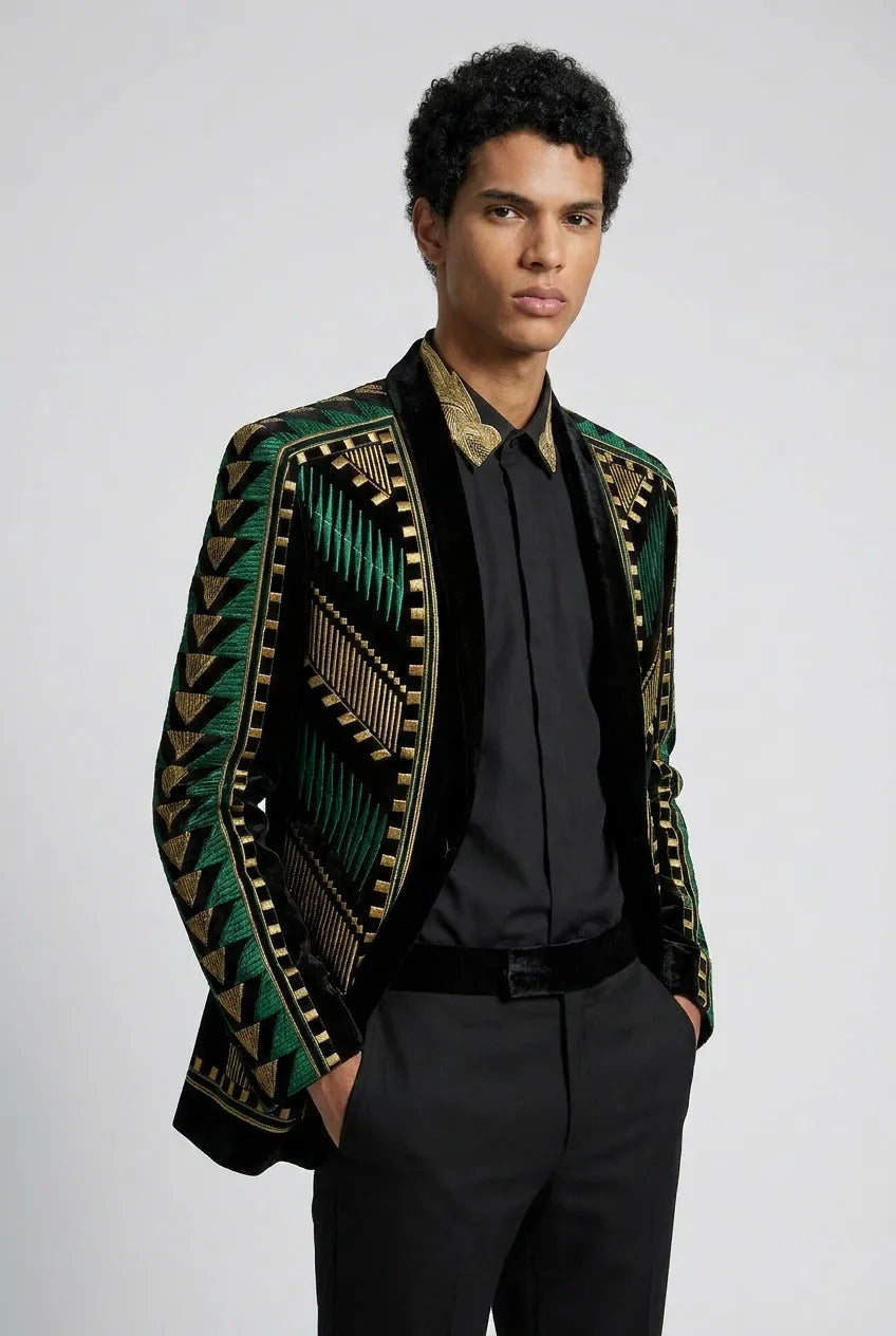Malachite Insignia - Green Geometric Velvet Statement Jacket