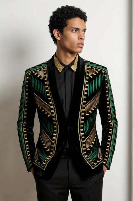 Malachite Insignia - Green Geometric Velvet Statement Jacket