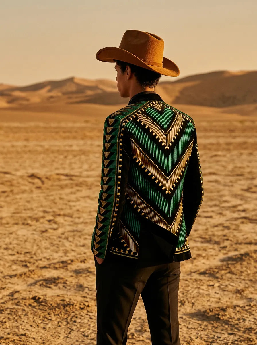 Malachite Insignia - Green Geometric Velvet Statement Jacket