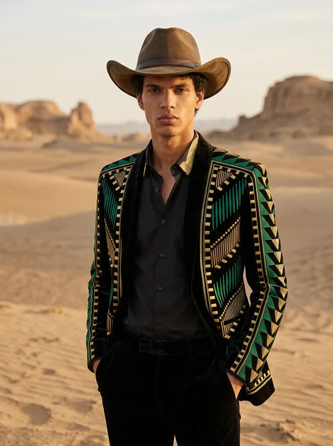 Malachite Insignia - Green Geometric Velvet Statement Jacket