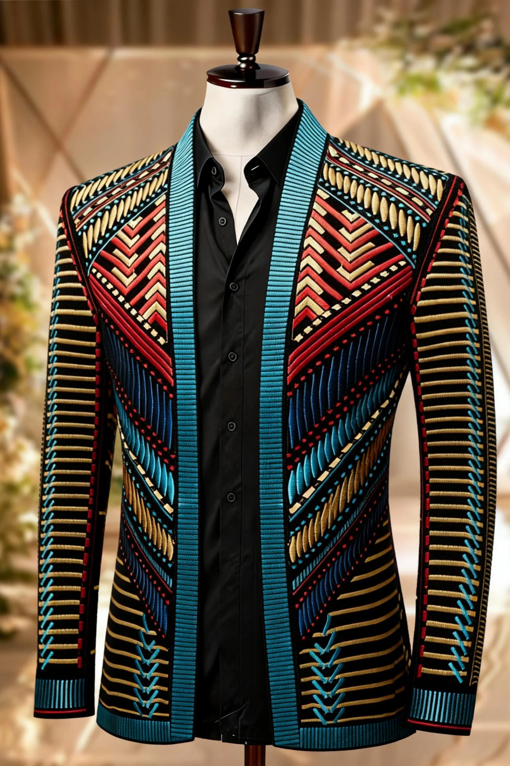 The Mayan Sun - Multi-Color Tribal Embroidered Velvet Jacket