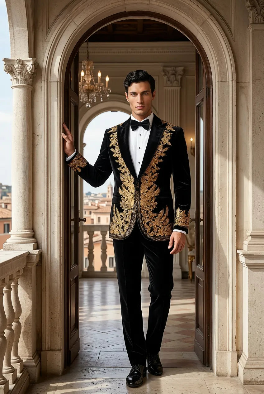 Aegis Baroque - Gold Embroidered Velvet 2-Piece Tuxedo Set
