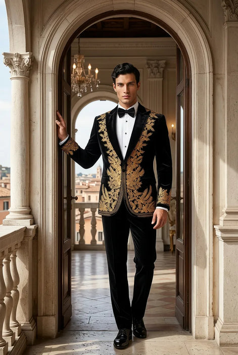 Aegis Baroque - Gold Embroidered Velvet 2-Piece Tuxedo Set