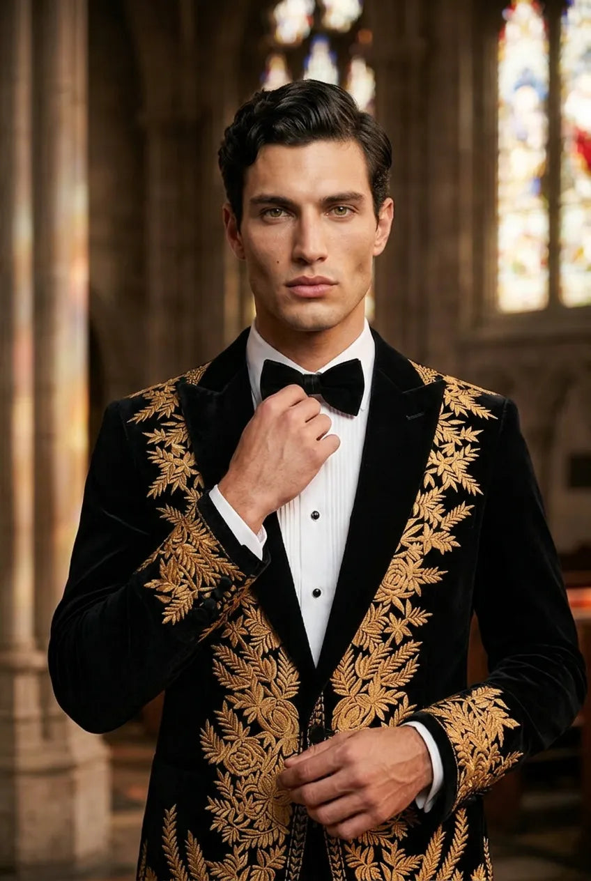 Aegis Baroque - Gold Embroidered Velvet 2-Piece Tuxedo Set