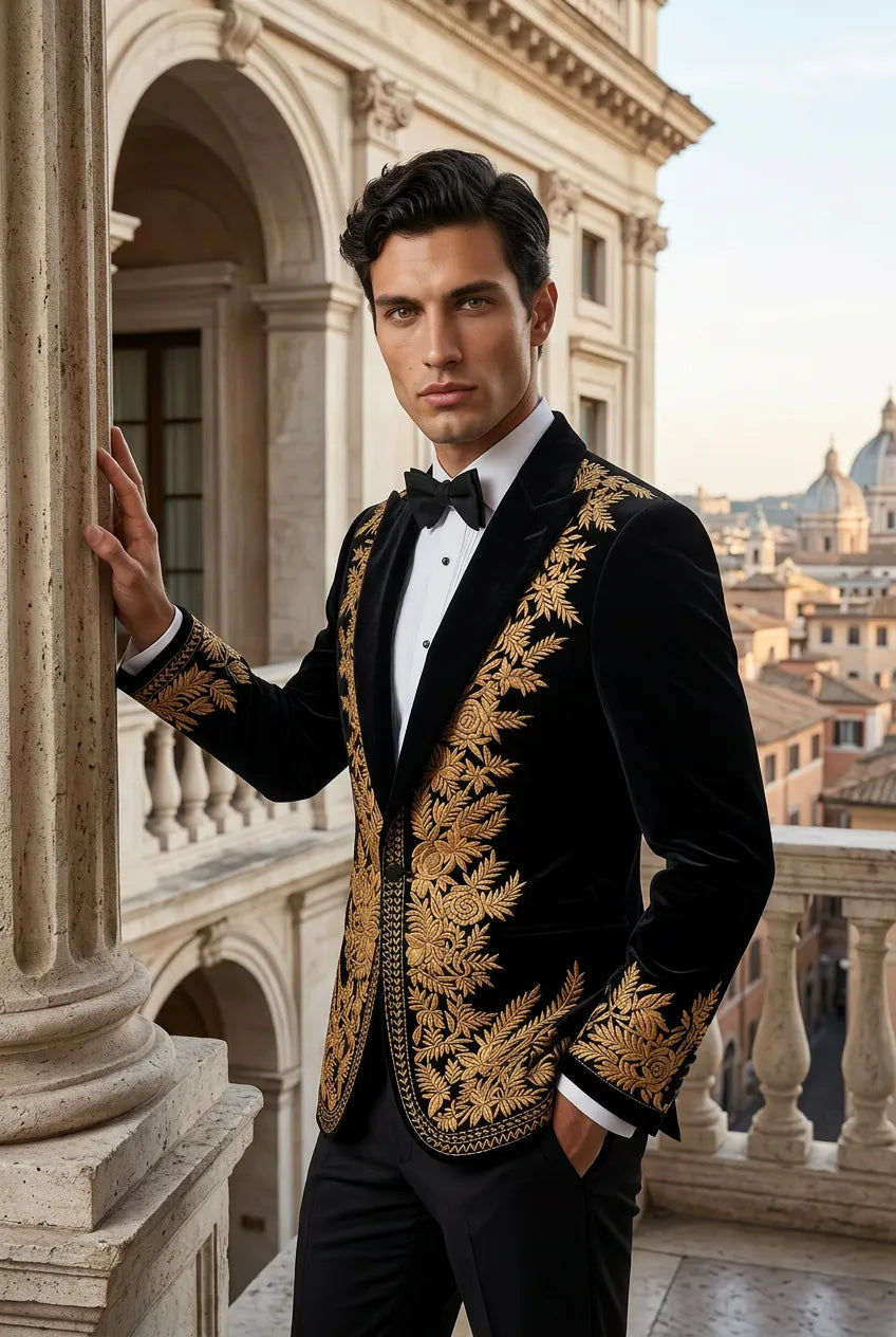 Aegis Baroque - Gold Embroidered Velvet 2-Piece Tuxedo Set