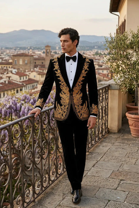 Aegis Baroque - Gold Embroidered Velvet 2-Piece Tuxedo Set