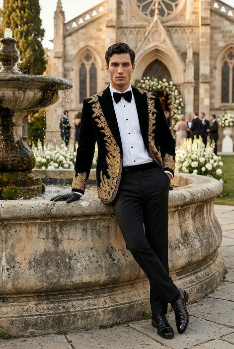 Aegis Baroque - Gold Embroidered Velvet 2-Piece Tuxedo Set