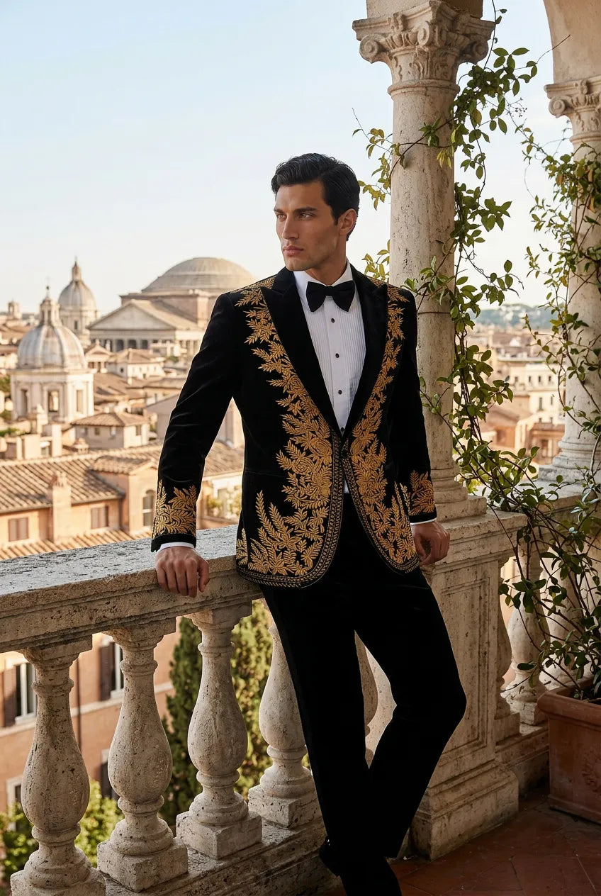 Aegis Baroque - Gold Embroidered Velvet 2-Piece Tuxedo Set
