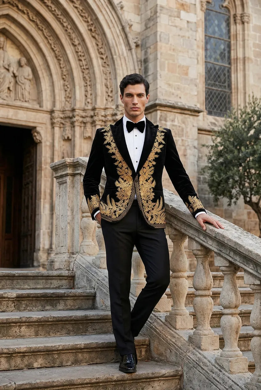 Aegis Baroque - Gold Embroidered Velvet 2-Piece Tuxedo Set