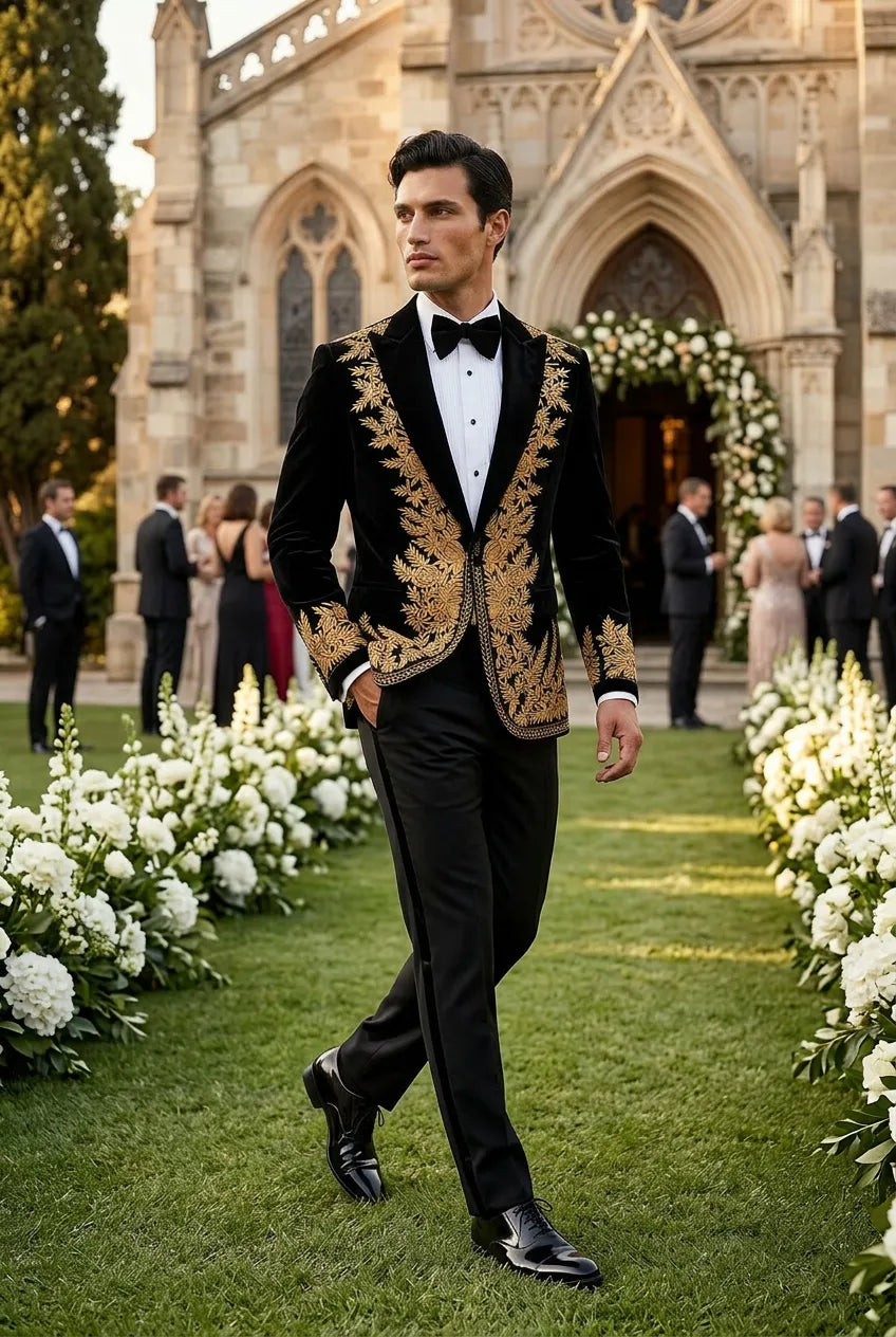 Aegis Baroque - Gold Embroidered Velvet 2-Piece Tuxedo Set