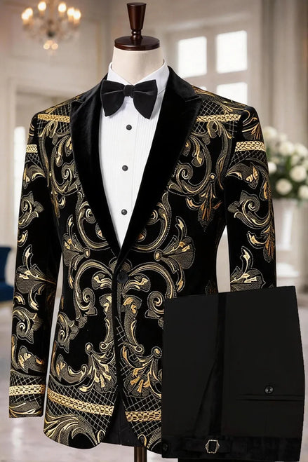 The Gilded Scroll - Black Velvet Gold Embroidered Tuxedo Set