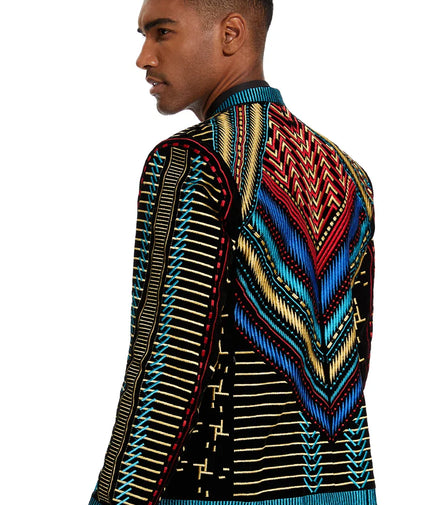 Men's Embroidered Geometric Pattern Blue and Gold Tuxedo