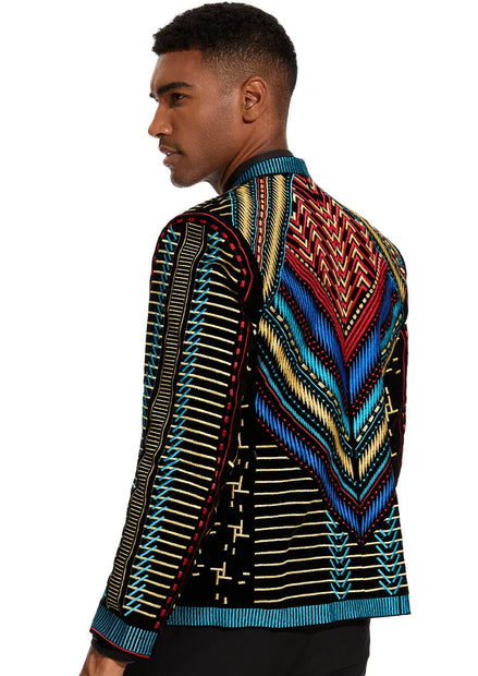Men's Embroidered Geometric Pattern Blue and Gold Tuxedo