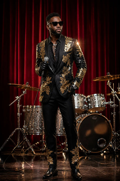 The Gilded Aurelius - Black & Gold Sequin 2-Piece Tuxedo Set