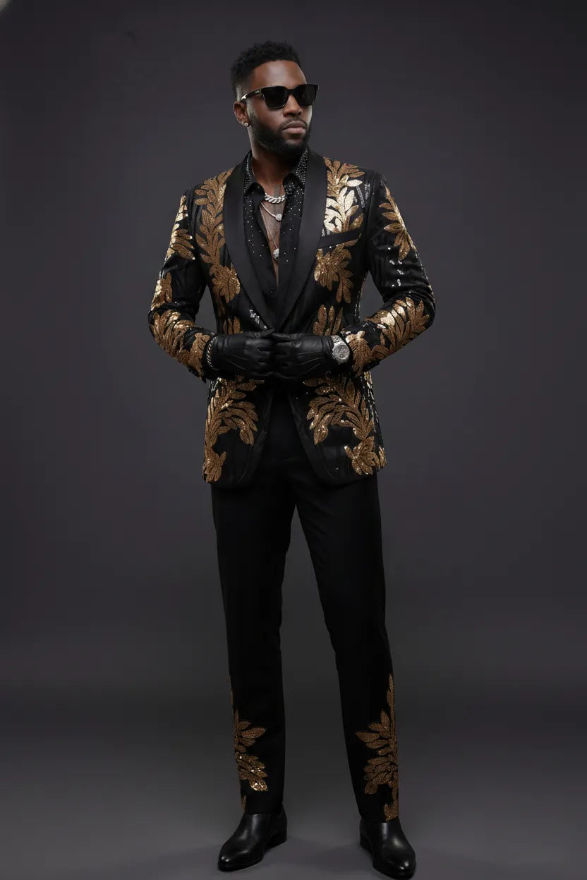 The Gilded Aurelius - Black & Gold Sequin 2-Piece Tuxedo Set