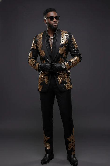The Gilded Aurelius - Black & Gold Sequin 2-Piece Tuxedo Set