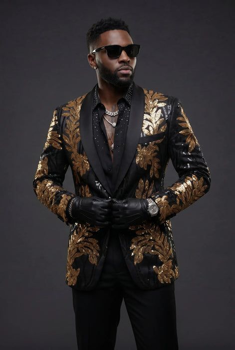 The Gilded Aurelius - Black & Gold Sequin 2-Piece Tuxedo Set