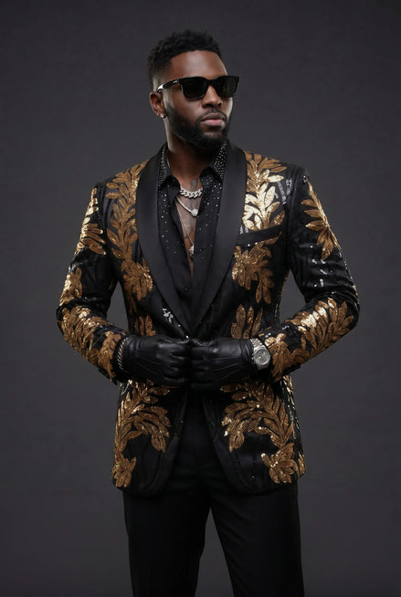 The Gilded Aurelius - Black & Gold Sequin 2-Piece Tuxedo Set