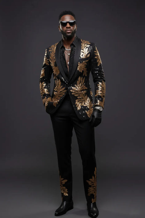 The Gilded Aurelius - Black & Gold Sequin 2-Piece Tuxedo Set