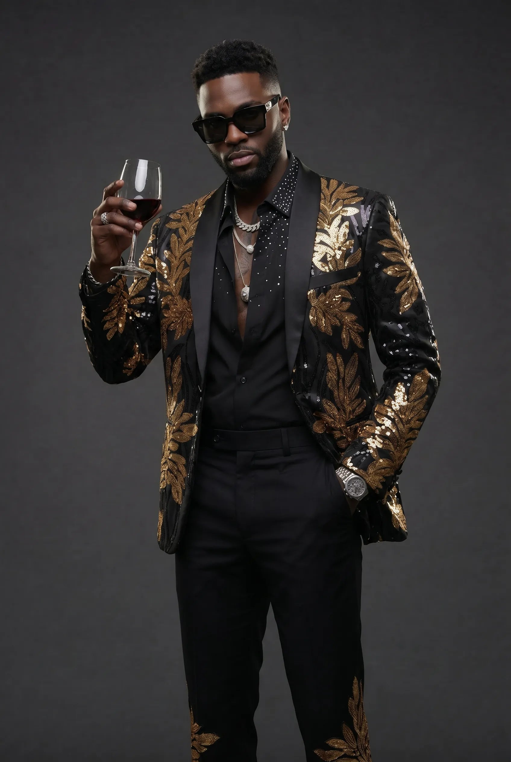 The Gilded Aurelius - Black & Gold Sequin 2-Piece Tuxedo Set