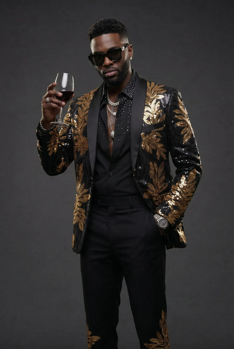 The Gilded Aurelius - Black & Gold Sequin 2-Piece Tuxedo Set
