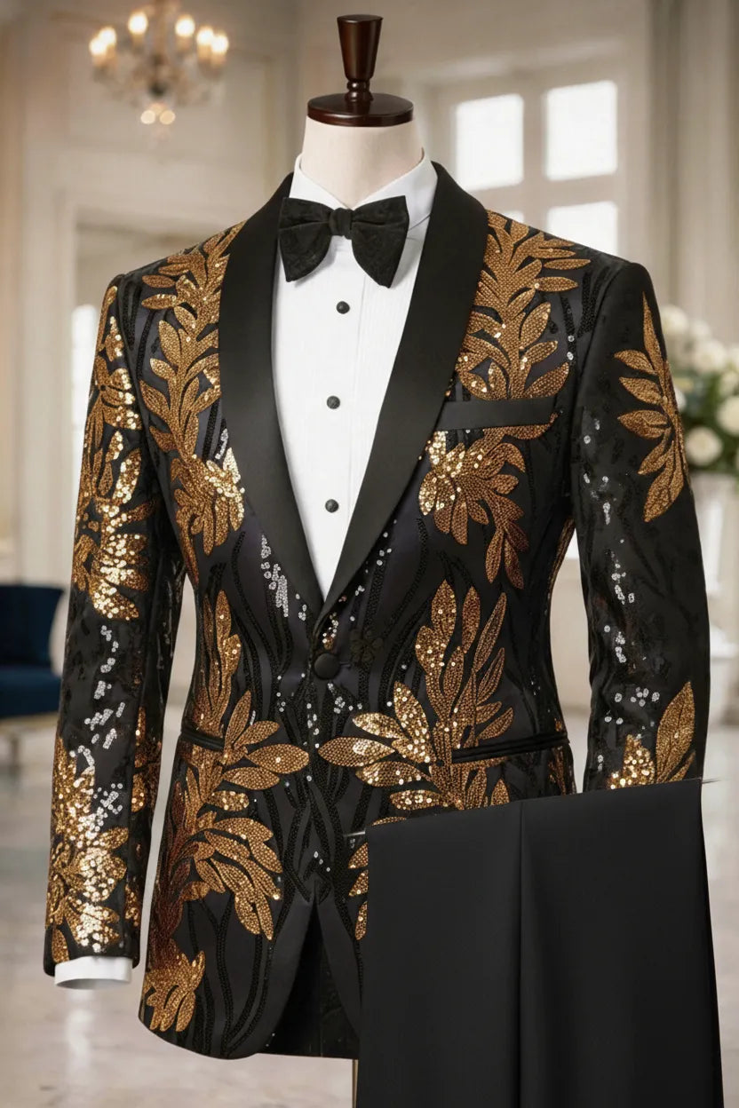 The Gilded Aurelius - Black & Gold Sequin 2-Piece Tuxedo Set