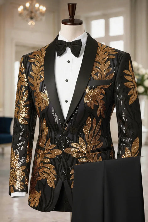 The Gilded Aurelius - Black & Gold Sequin 2-Piece Tuxedo Set