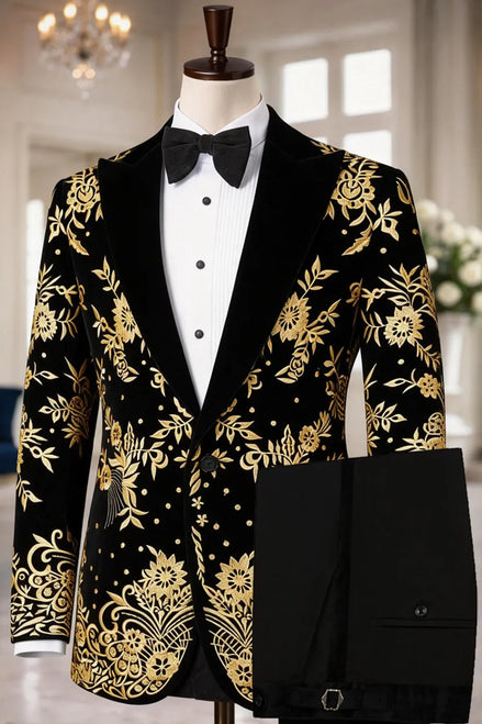 The Golden Baroque - Black Velvet Gold Embroidered Tuxedo Set