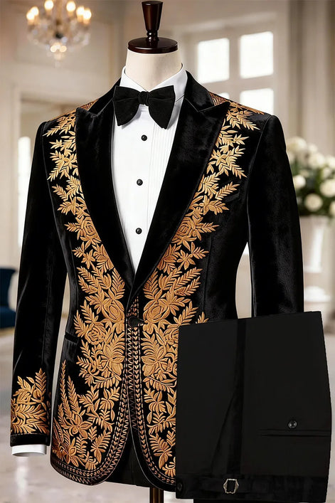 Golden Fern - Black Velvet Gold Leaf Embroidered Tuxedo - Nevo Suits