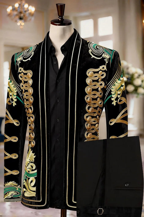 The Royal Commander - Black Velvet Gold Braided Hussar Tuxedo Set