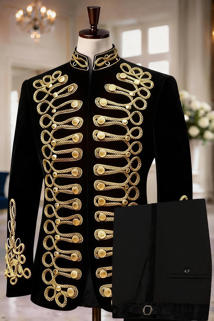 Full front view of Citadel Chevalier black velvet hussar jacket with intricate gold rope braiding - Nevo Suits