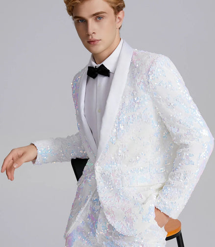 Men's 2-Piece Shawl Lapel in Satin Blue and White Sequin Tuxedo