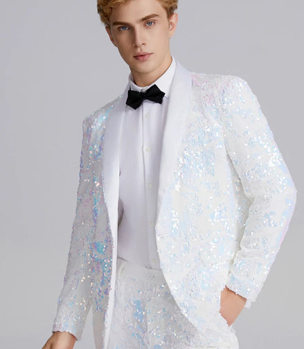 Men's 2-Piece Shawl Lapel in Satin Blue and White Sequin Tuxedo