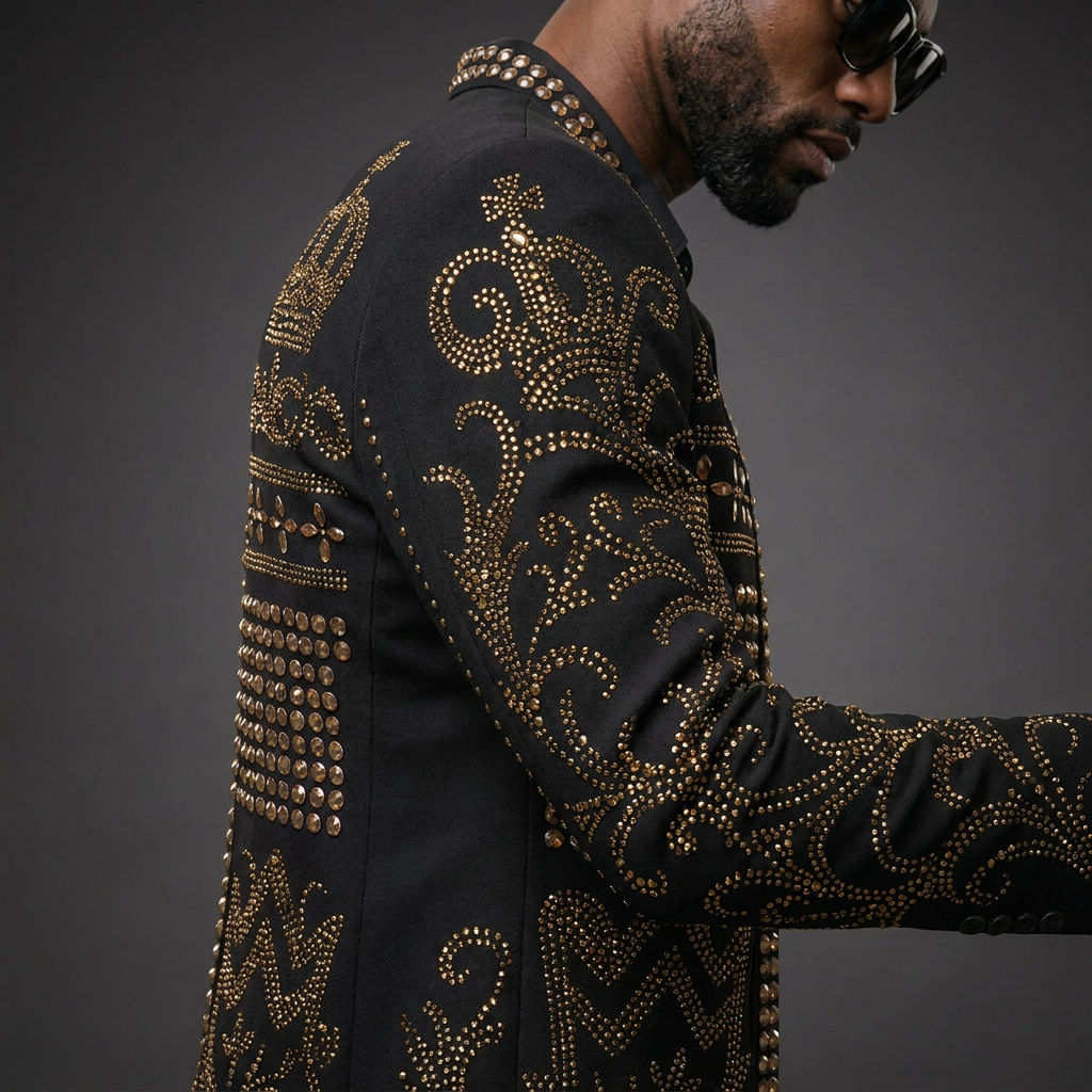 Diadem Pharaoh black dinner jacket with gold crown and scrolling crystal detailing - product view 08