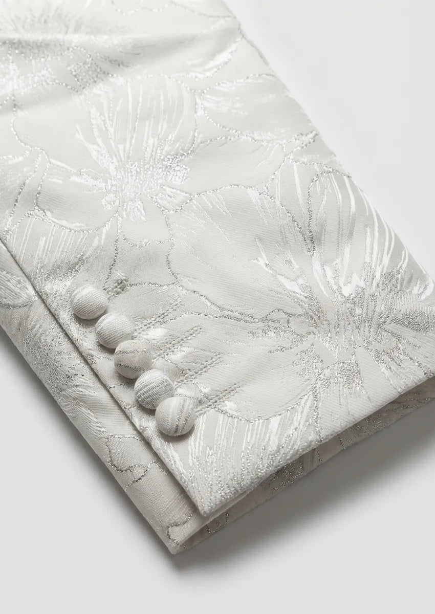 White Silver Floral Jacquard Shawl Tuxedo - full view - Nevo Suit
