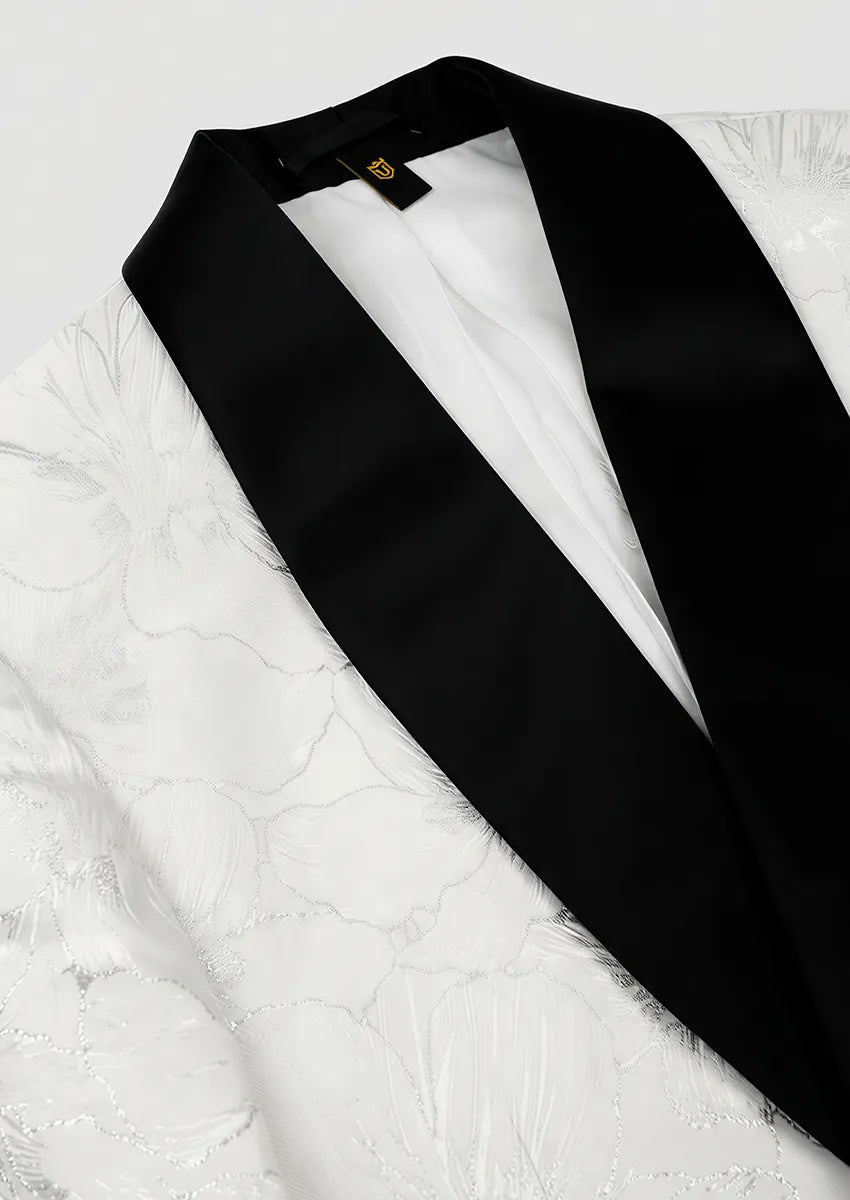 White Silver Floral Jacquard fabric detail - Nevo Suit