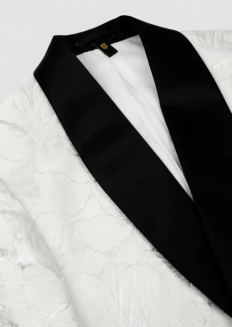 White Silver Floral Jacquard fabric detail - Nevo Suit