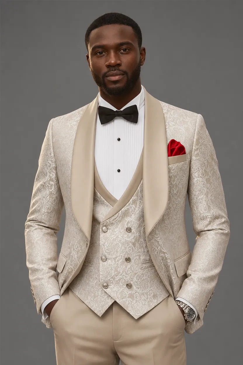 Aurelian Opus - Champagne Gold Jacquard 3-Piece Tuxedo