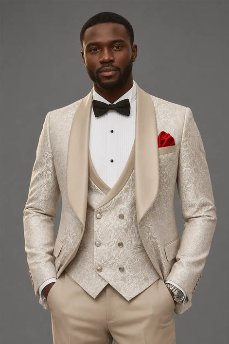 Aurelian Opus - Champagne Gold Jacquard 3-Piece Tuxedo